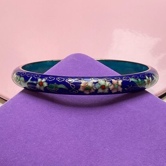 💛 Vintage Blue Floral Cloisonné Bangle Bracelet - Picture 1 of 4